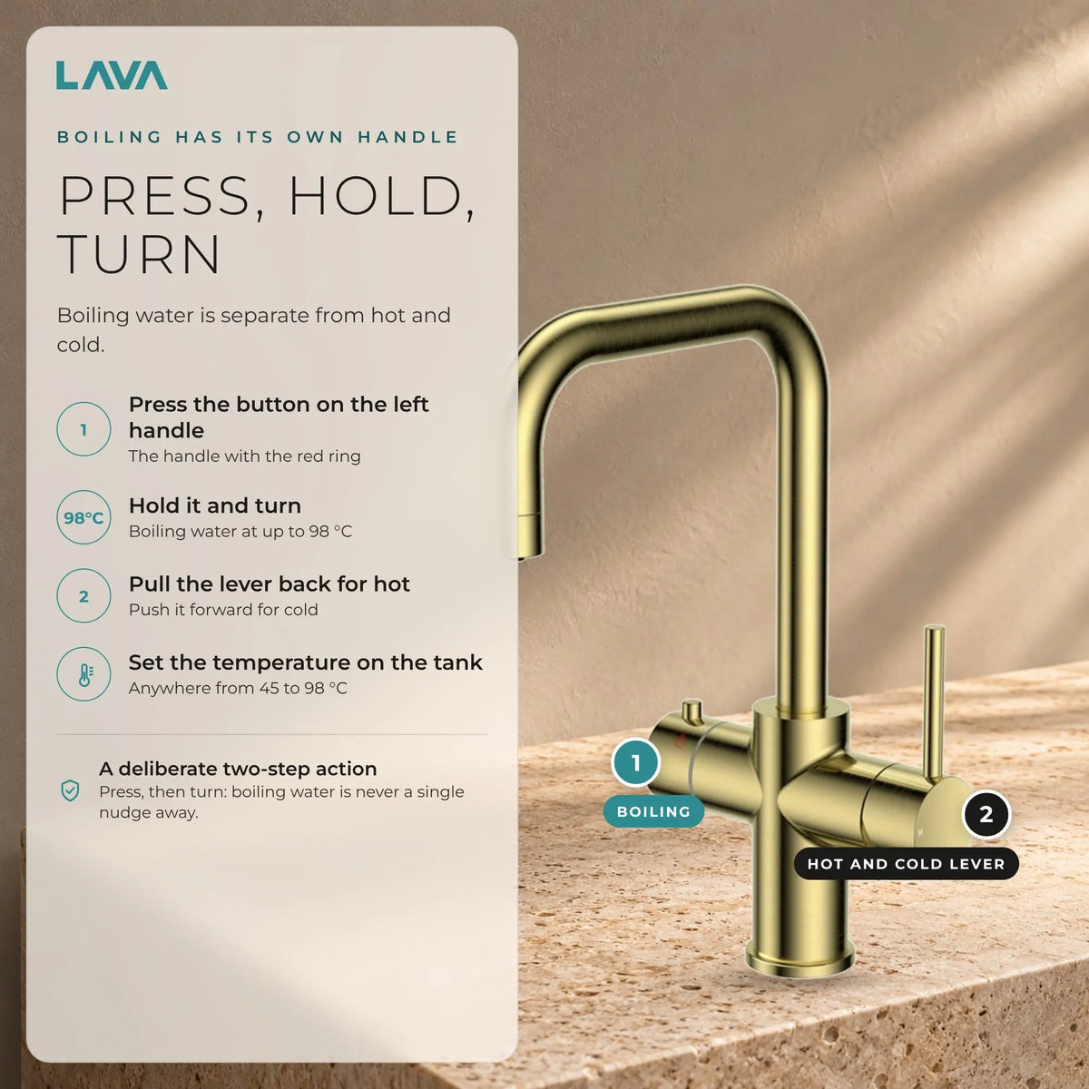 LavaTap brushed brass 3-in-1 D neck boiling water tap kit with tank and filter: how to use the handles