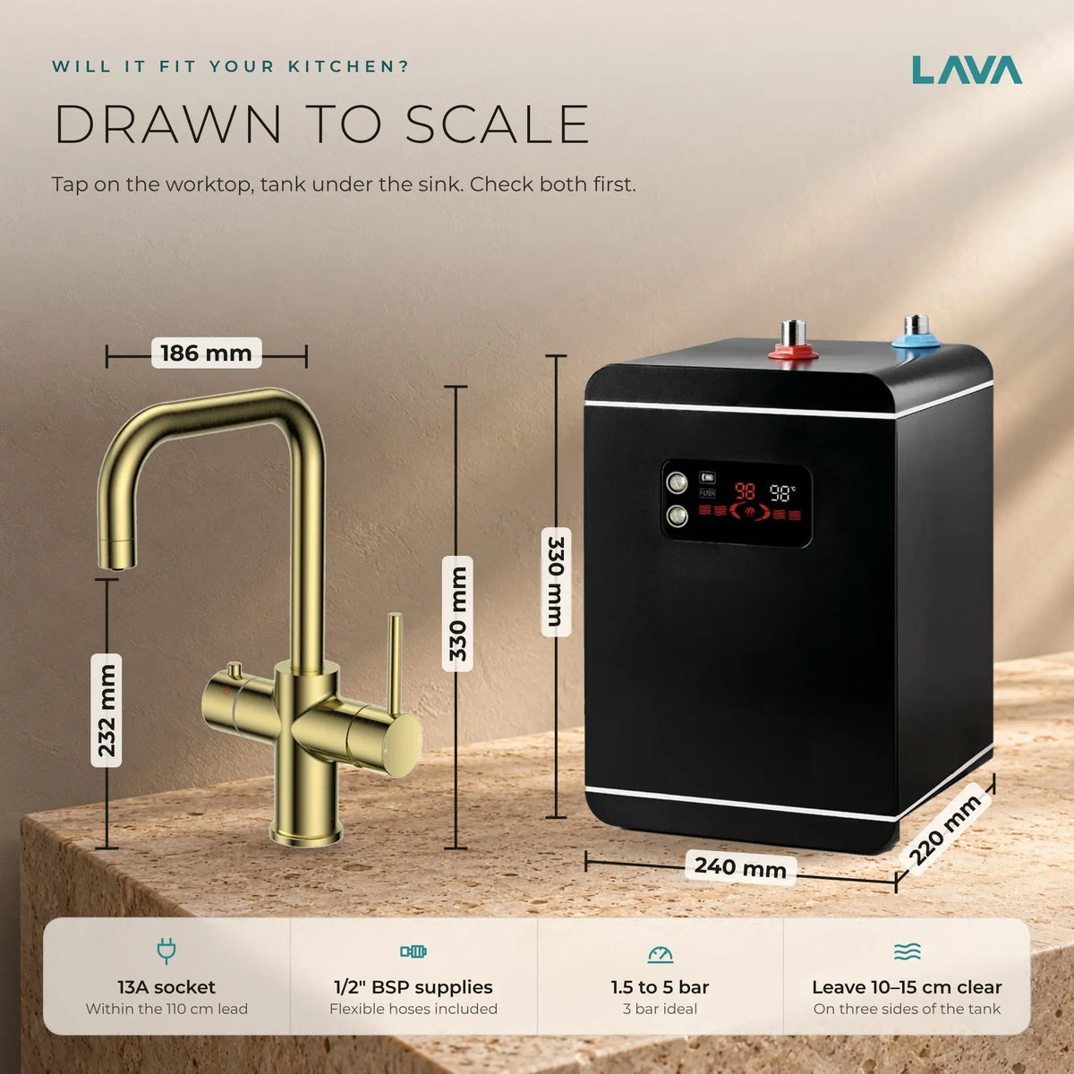 LavaTap brushed brass 3-in-1 D neck boiling water tap kit with tank and filter: size and dimensions