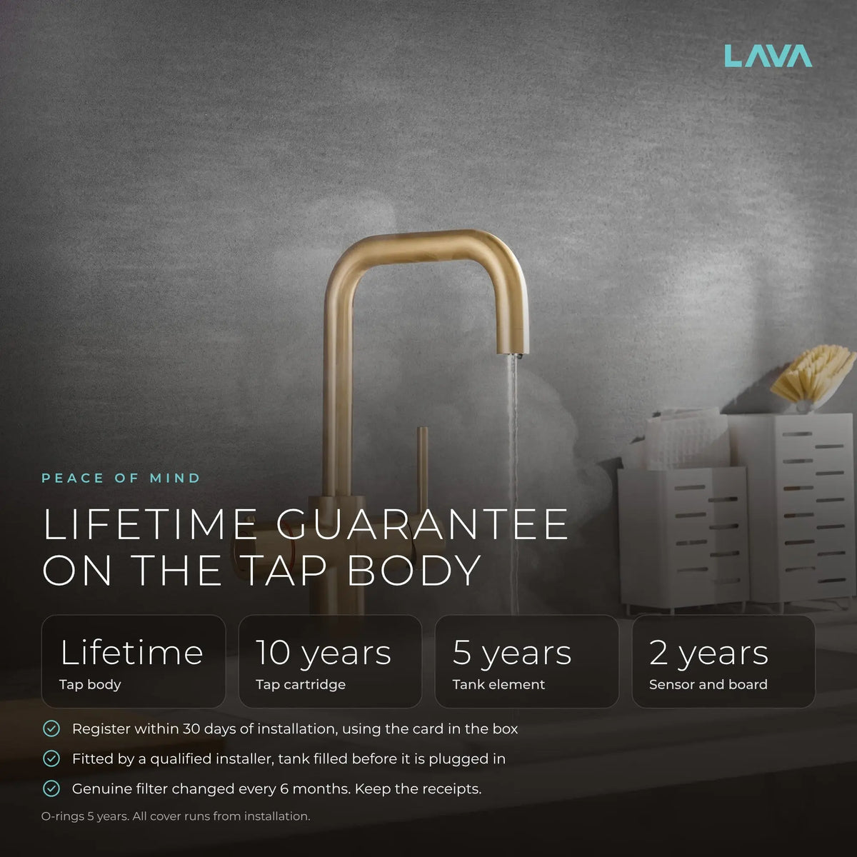 LavaTap brushed brass 3-in-1 D neck boiling water tap kit with tank and filter: guarantee