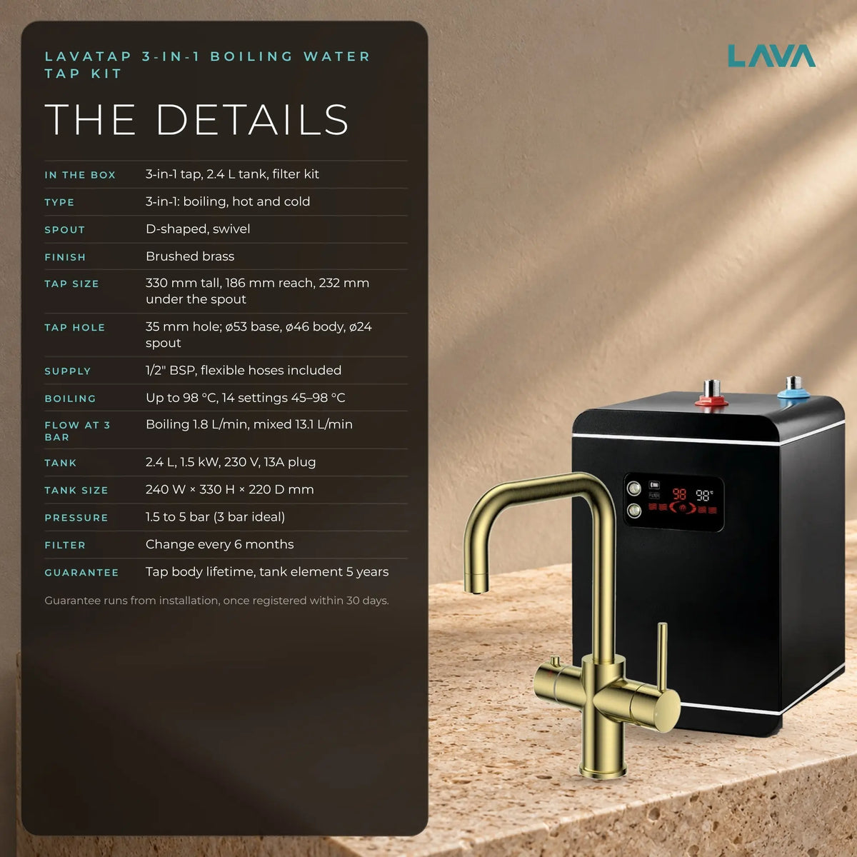 LavaTap brushed brass 3-in-1 D neck boiling water tap kit with tank and filter: specifications