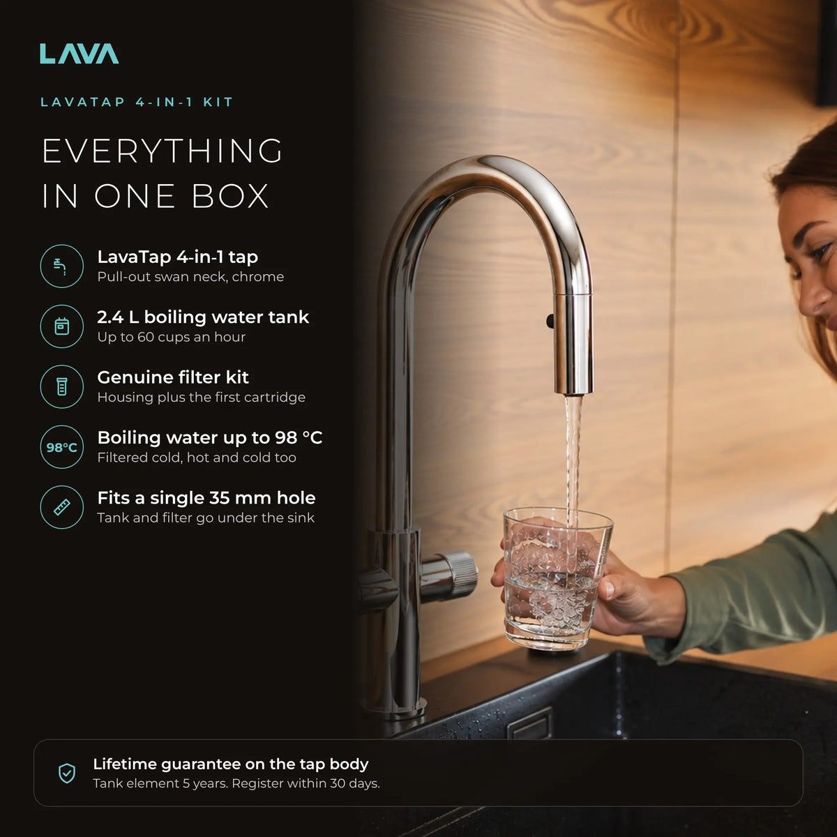 LavaTap chrome 4-in-1 pull-out boiling water tap kit with tank and filter: boiling, hot and cold water from one tap