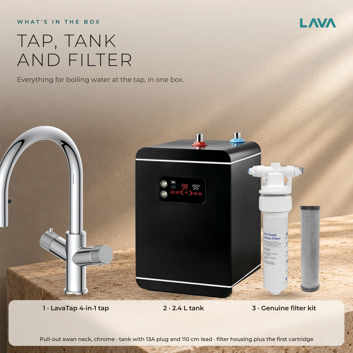 LavaTap chrome 4-in-1 pull-out boiling water tap kit with tank and filter: what is in the box