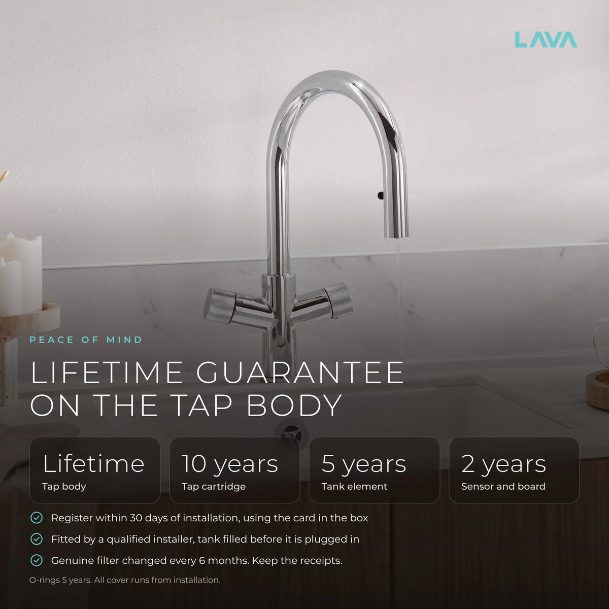 LavaTap chrome 4-in-1 pull-out boiling water tap kit with tank and filter: guarantee