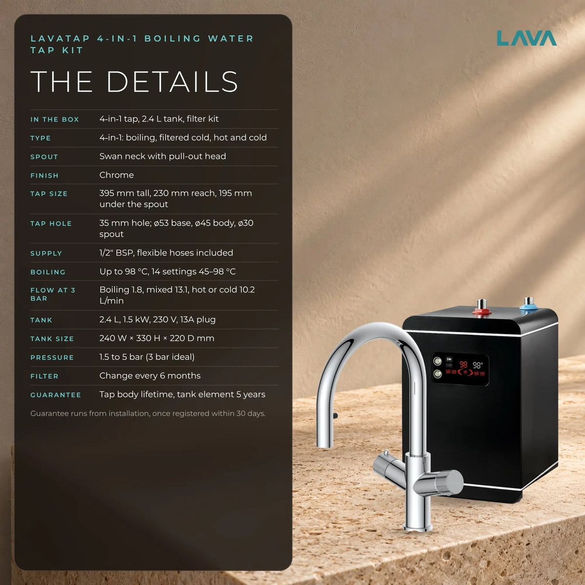 LavaTap chrome 4-in-1 pull-out boiling water tap kit with tank and filter: specifications