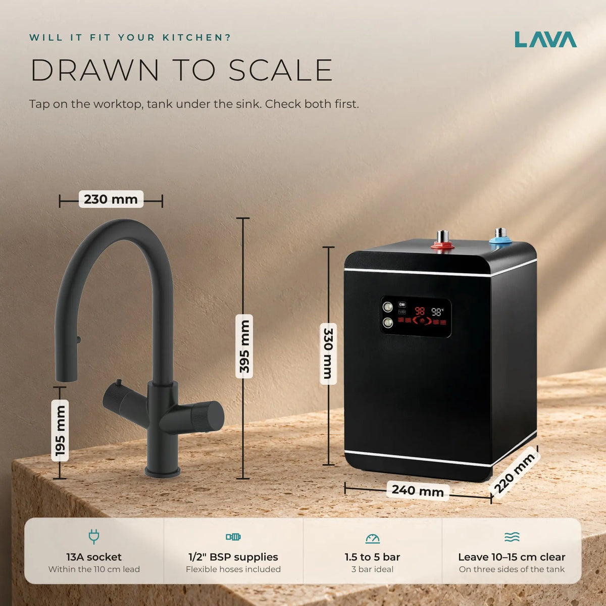 LavaTap black 4-in-1 pull-out boiling water tap kit with tank and filter: size and dimensions