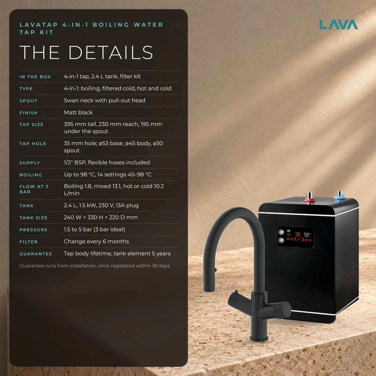 LavaTap black 4-in-1 pull-out boiling water tap kit with tank and filter: specifications