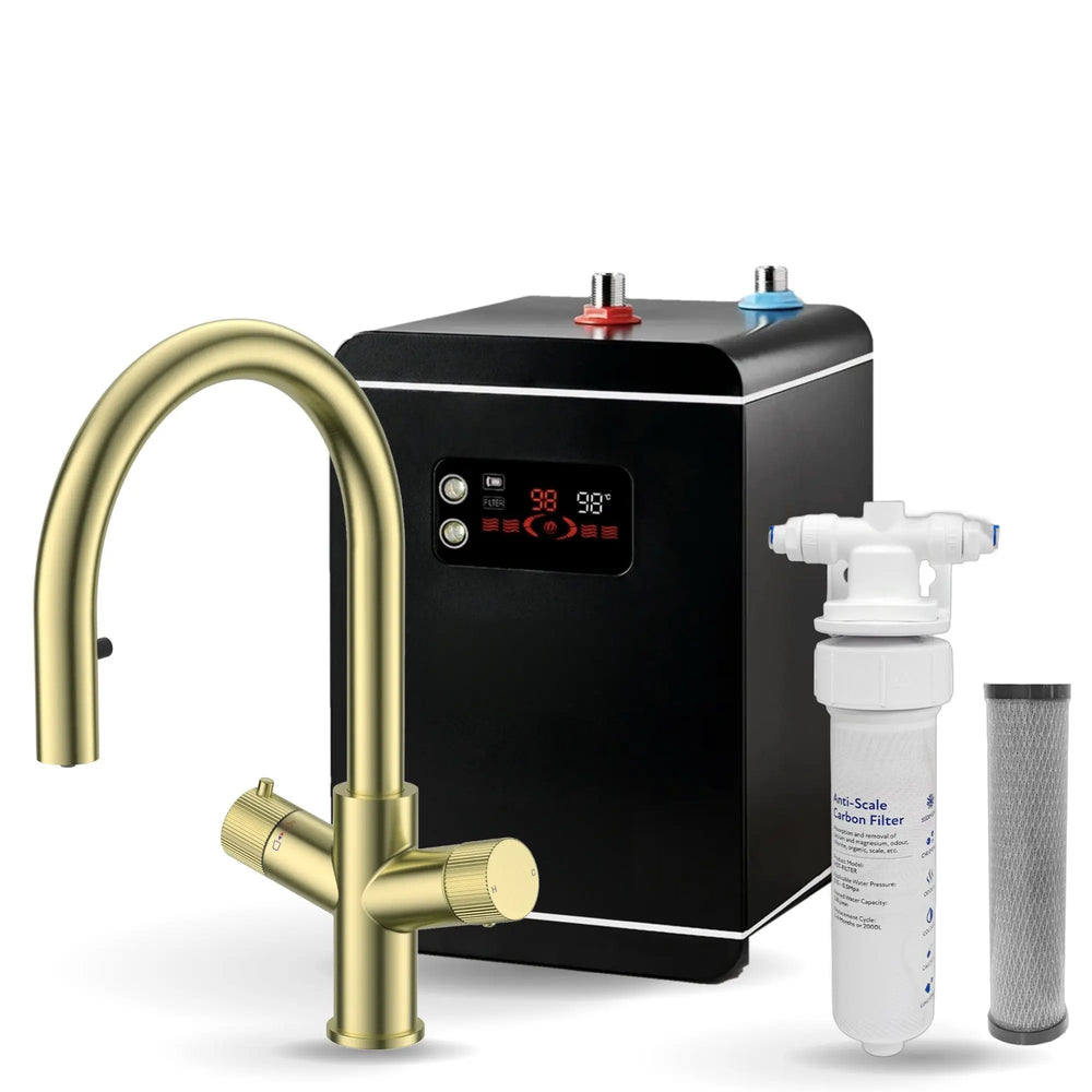 LavaTap brushed brass 4-in-1 pull-out boiling water tap kit with tank and filter: tap, 2.4 L tank and filter