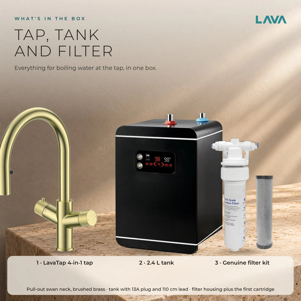 LavaTap brushed brass 4-in-1 pull-out boiling water tap kit with tank and filter: what is in the box