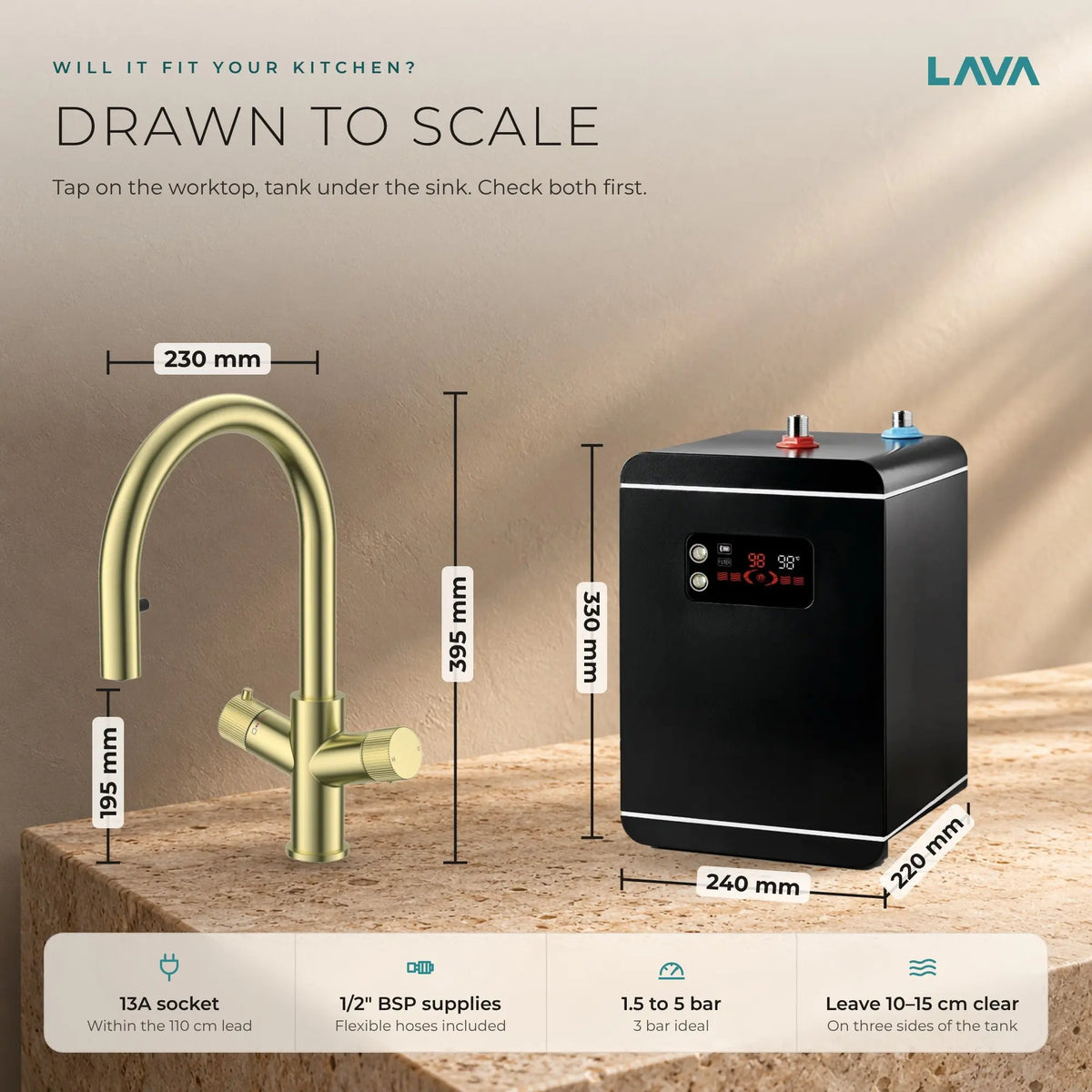 LavaTap brushed brass 4-in-1 pull-out boiling water tap kit with tank and filter: size and dimensions