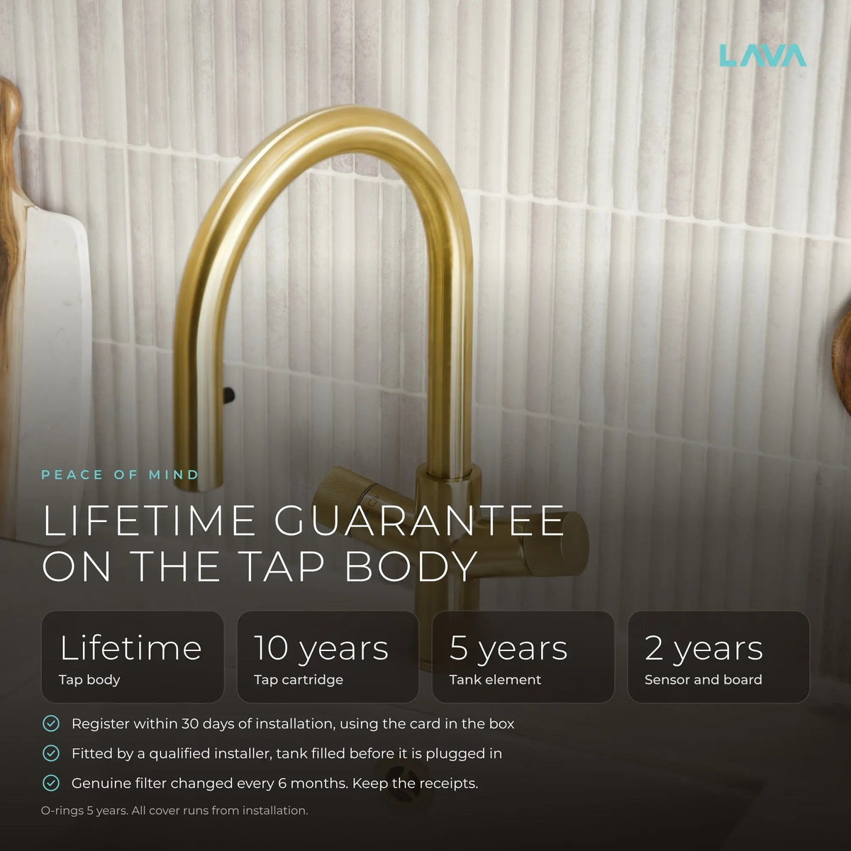 LavaTap brushed brass 4-in-1 pull-out boiling water tap kit with tank and filter: guarantee