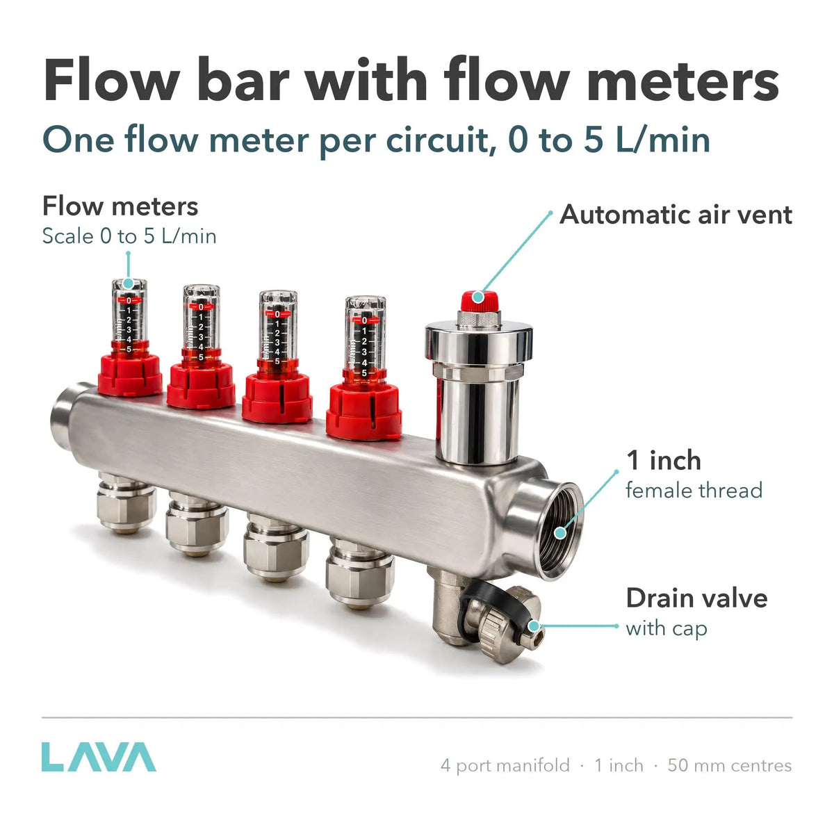 LavaTherm 4 Port Stainless Underfloor Heating Manifold 16mm LavaTherm