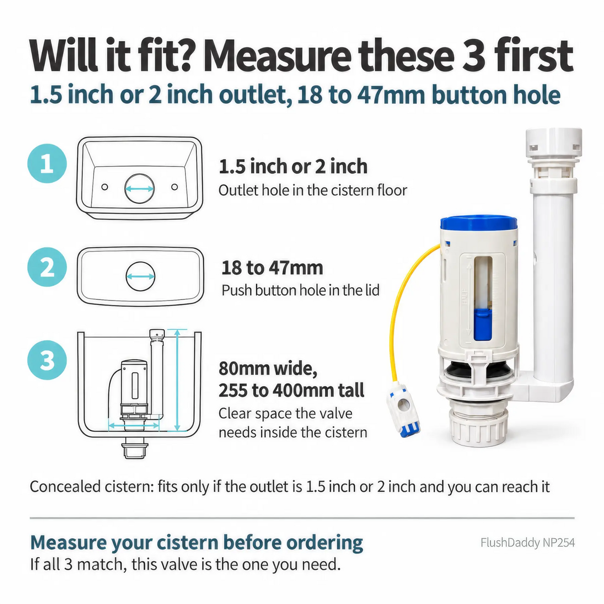 FlushDaddy NP254 Toilet Dual Flush Valve 1.5 Inch and 2 Inch Universal Push Button LavaTap