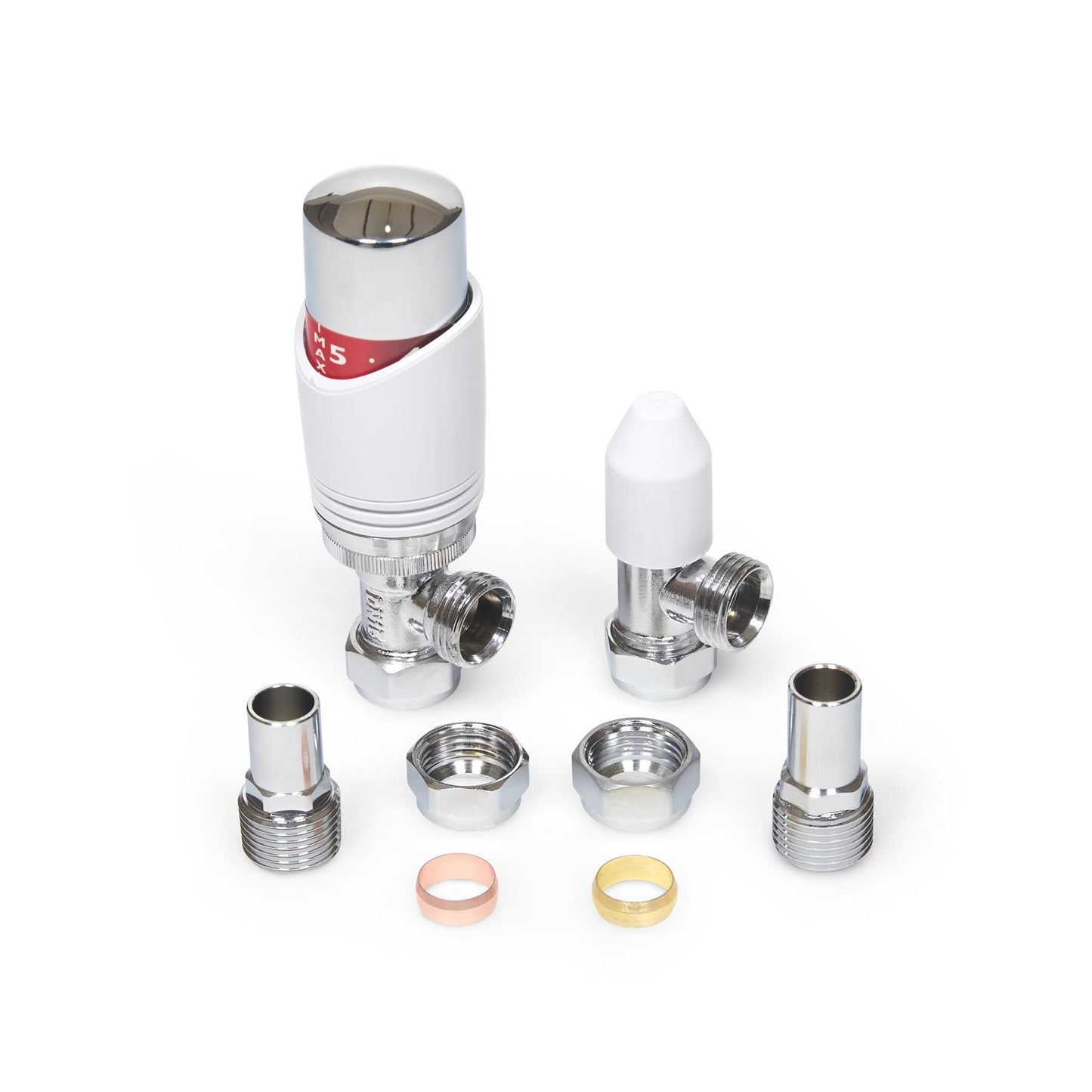 Designer White & Chrome Angled Thermostatic Radiator Valve TRV 15mm with Lockshield ESi - Product Overview