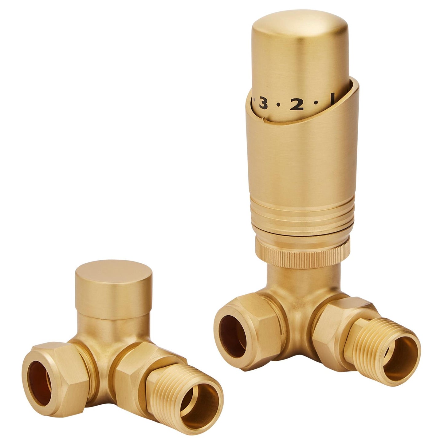 LavaTherm TRV Brushed Brass Thermostatic Radiator Valves - Corner LavaTherm - Installation View