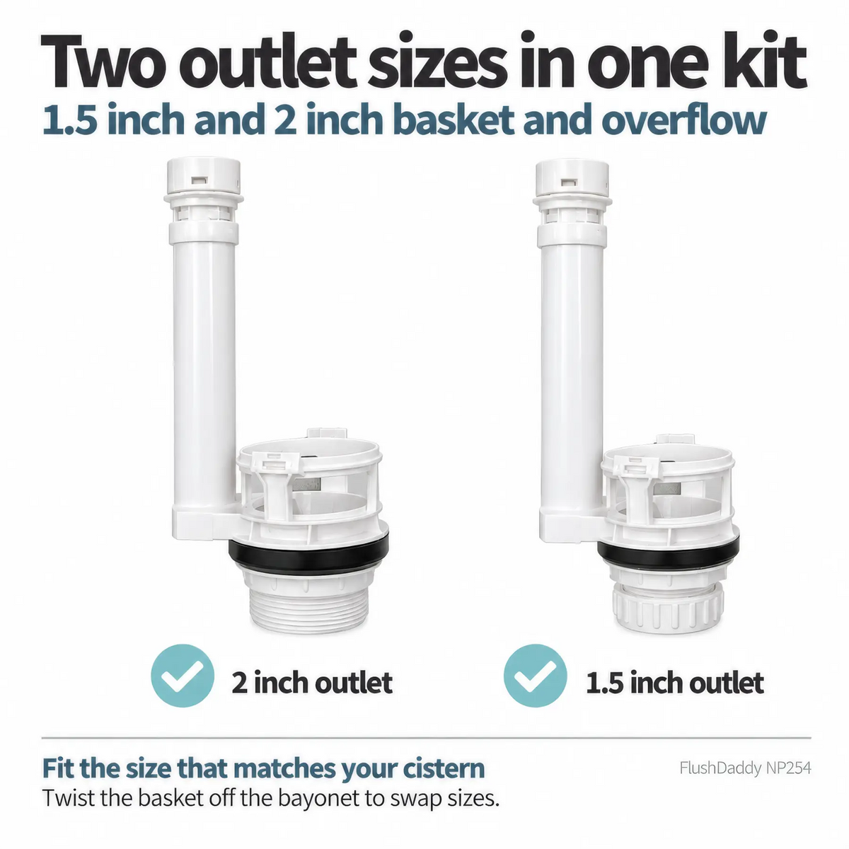 FlushDaddy NP254 Toilet Dual Flush Valve 1.5 Inch and 2 Inch Universal Push Button LavaTap
