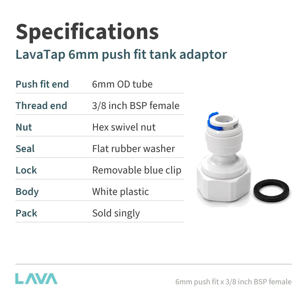 6mm Push Fit x 3/8 BSP Female Boiling Water Tank Adaptor LavaTap