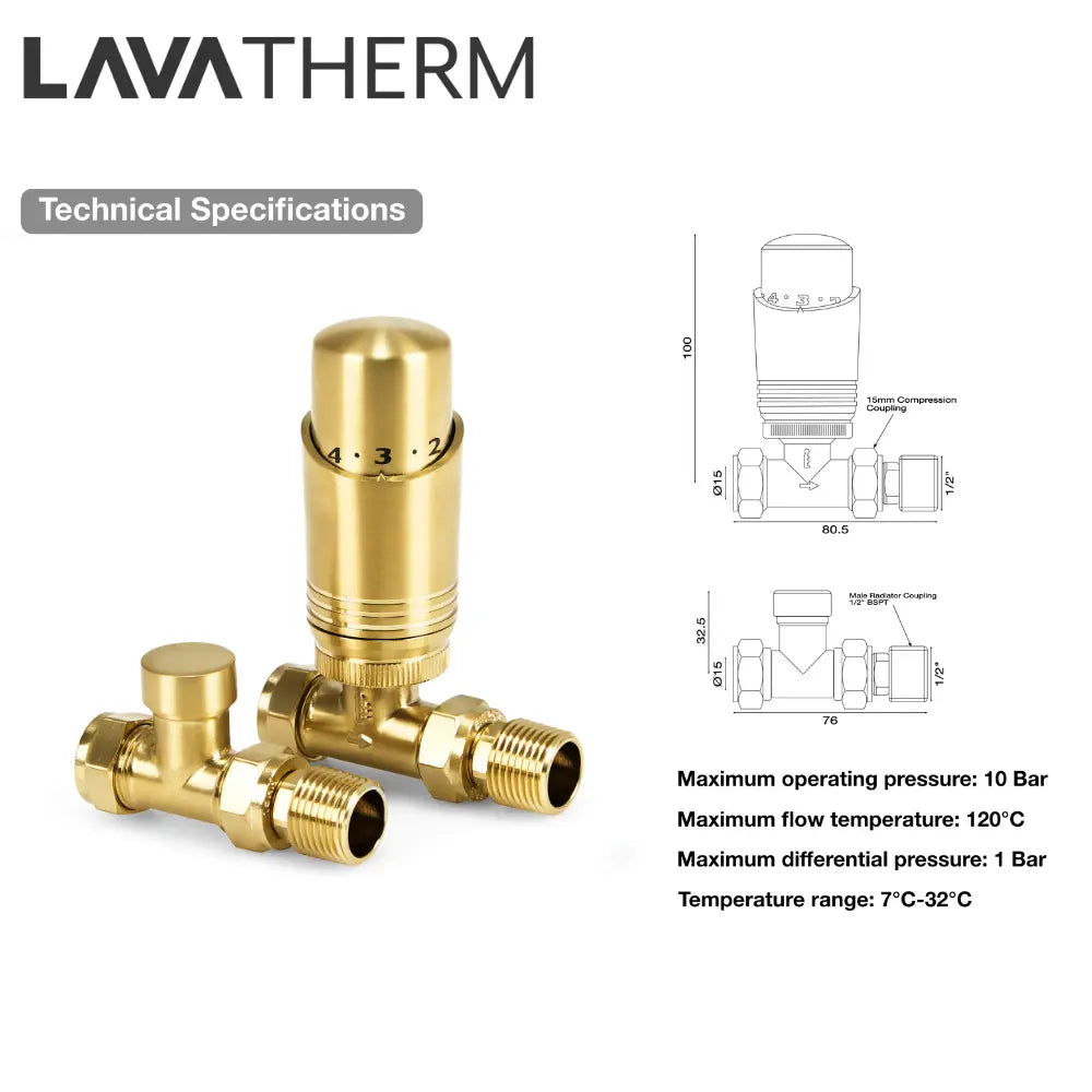 LavaTherm TRV Brushed Brass Thermostatic Radiator Valve - Straight