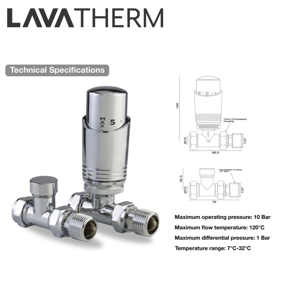 LavaTherm TRV Chrome Thermostatic Radiator Valve - Straight LavaTherm - Side Profile