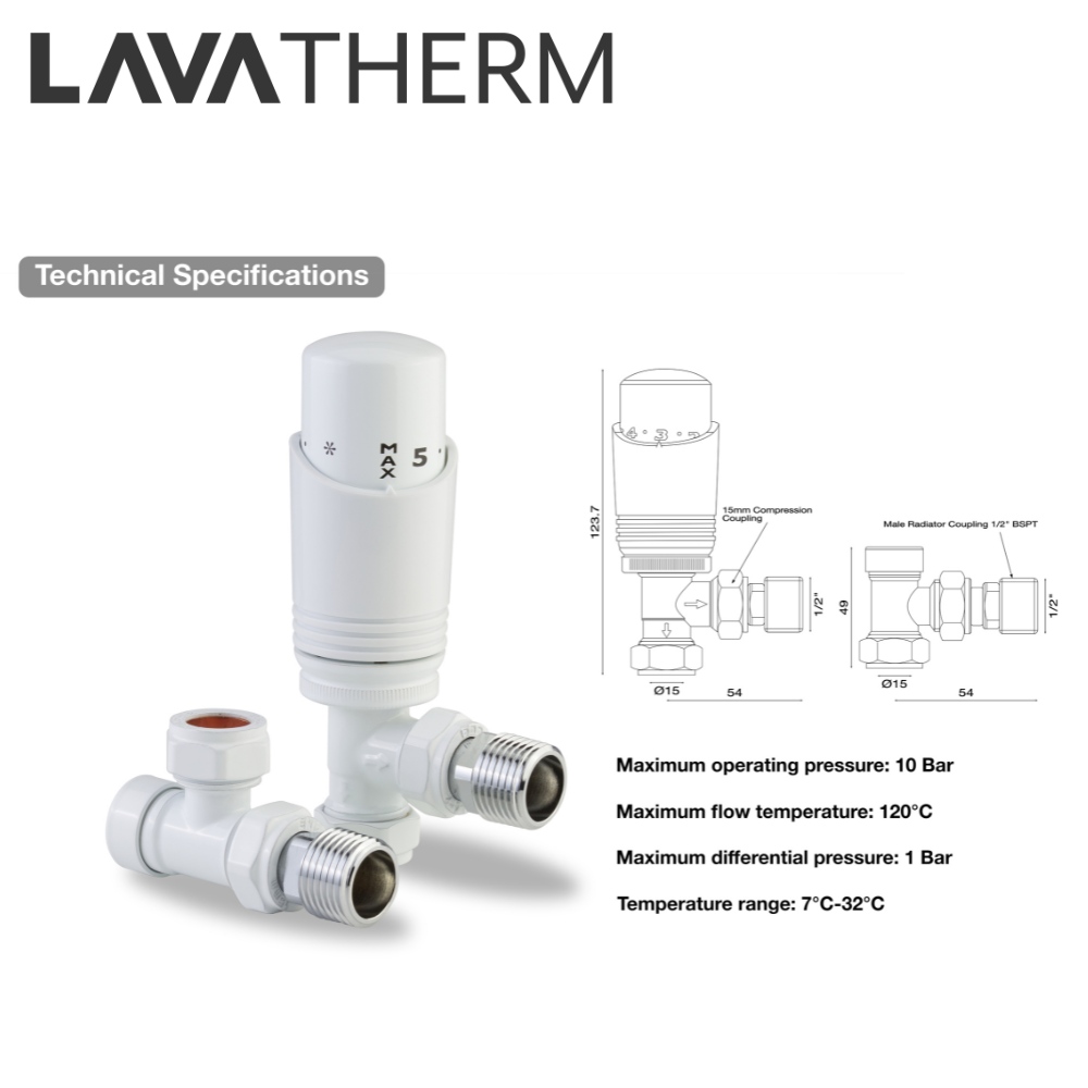 LavaTherm TRV White Thermostatic Radiator Valve - Angled LavaTherm - Side Profile