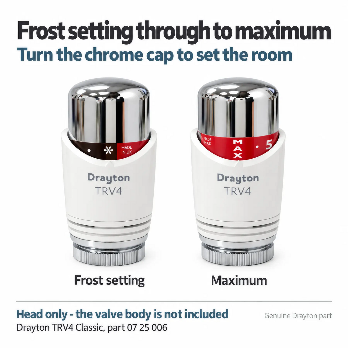 Drayton TRV4 Classic Thermostatic Radiator Valve Sensing Head Only - Chrome and White, Part 07 25 006 Drayton