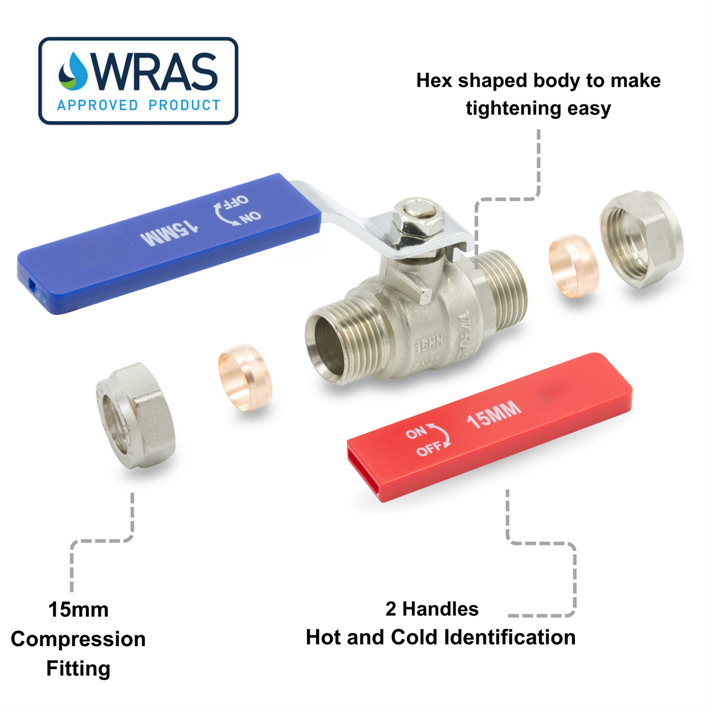 15mm Lever Isolation Valve Compression Blue and Red Handle Lava Wholesale - Close Up Detail