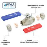 15mm Lever Isolation Valve Compression Blue and Red Handle Lava Wholesale - Close Up Detail