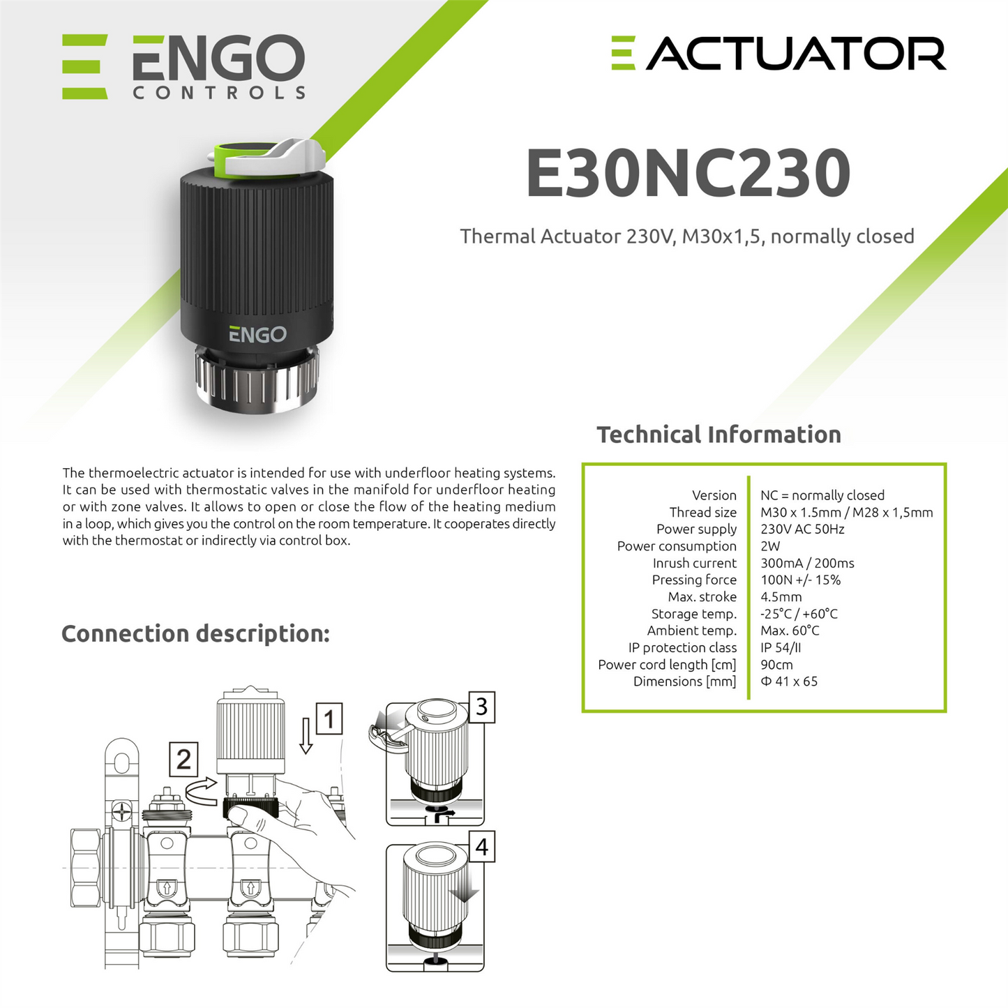 ENGO E30NC-230 Thermal Actuator 230V M30x1.5 ENGO Controls - Side Profile