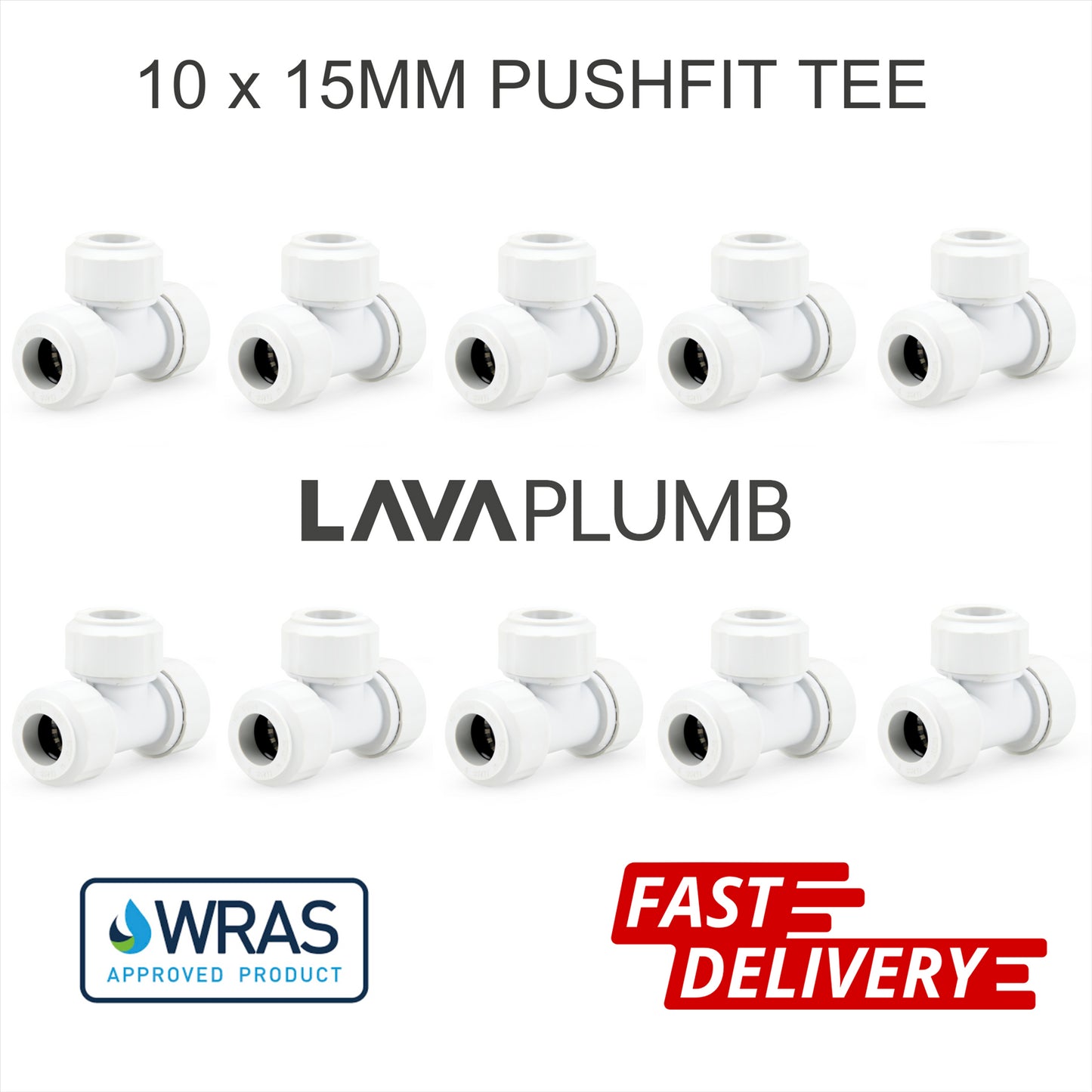 LavaPlumb 15mm Pushfit Tee White 10 Pack