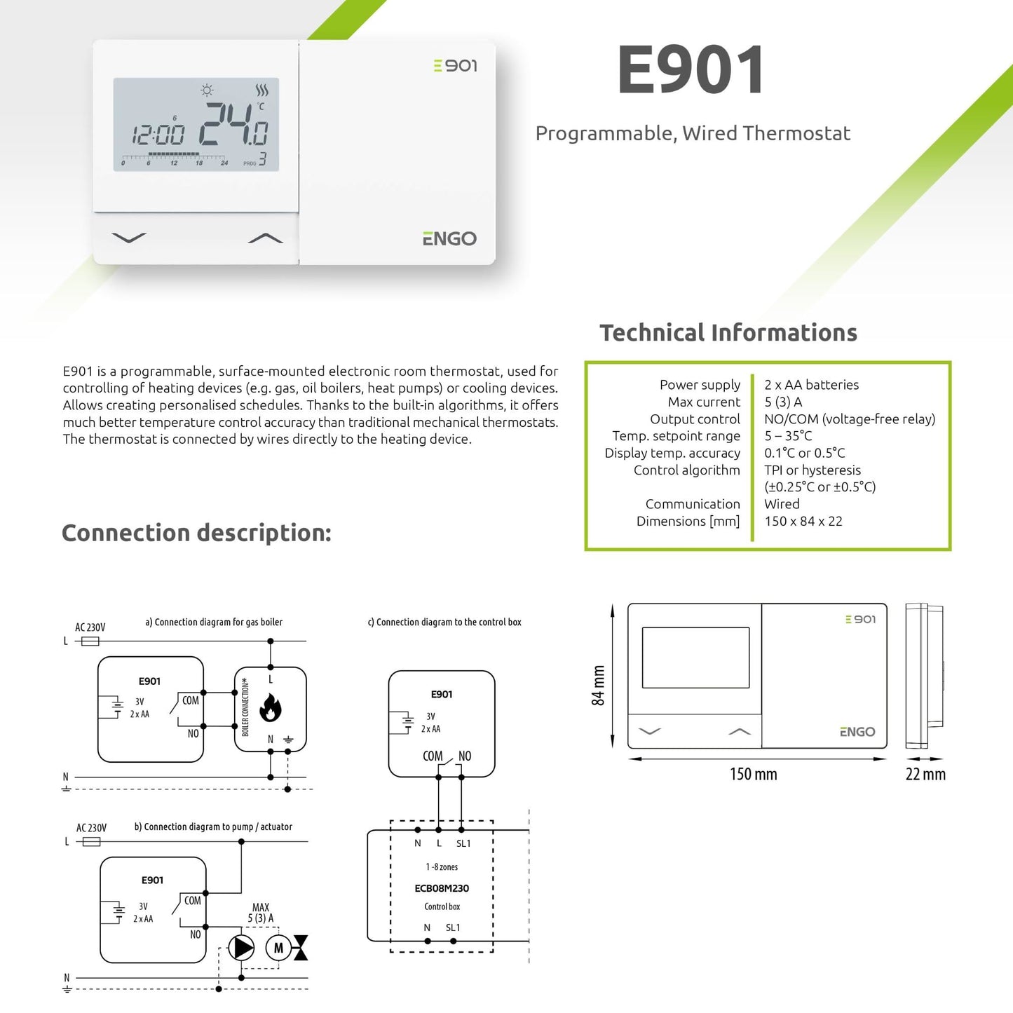 ENGO E901 Wired Thermostat Combi Boiler Battery Powered 2 Wire - Replace Dial Room Thermostat 5 Year Warranty ENGO