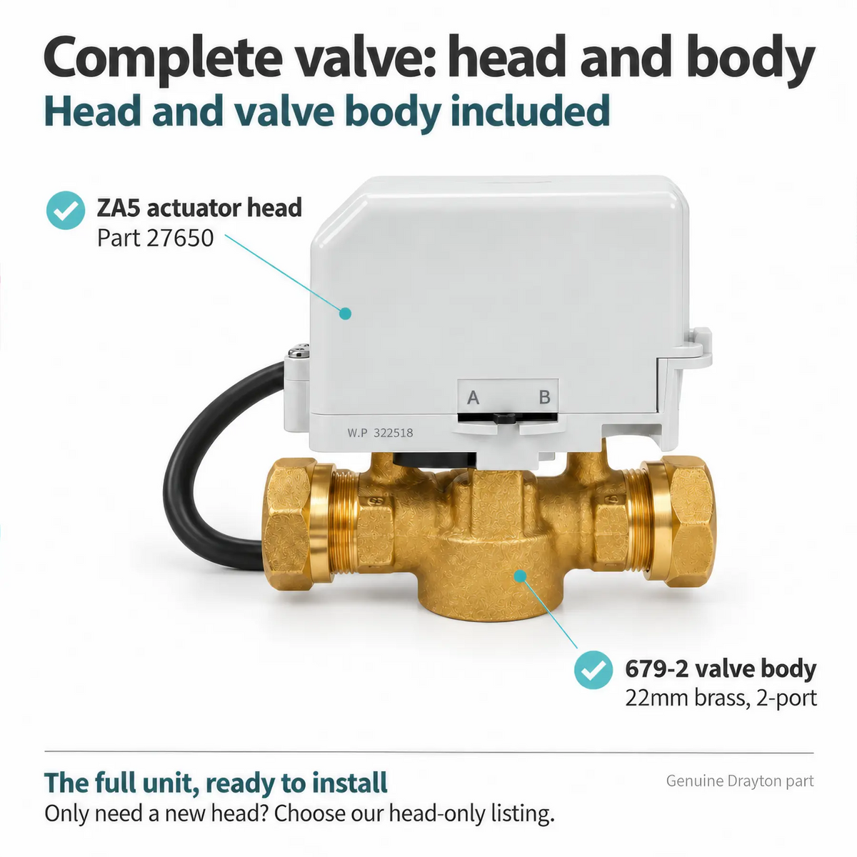 Drayton 27100 2-port motorised zone valve, 22mm, complete with valve body and actuator – side view