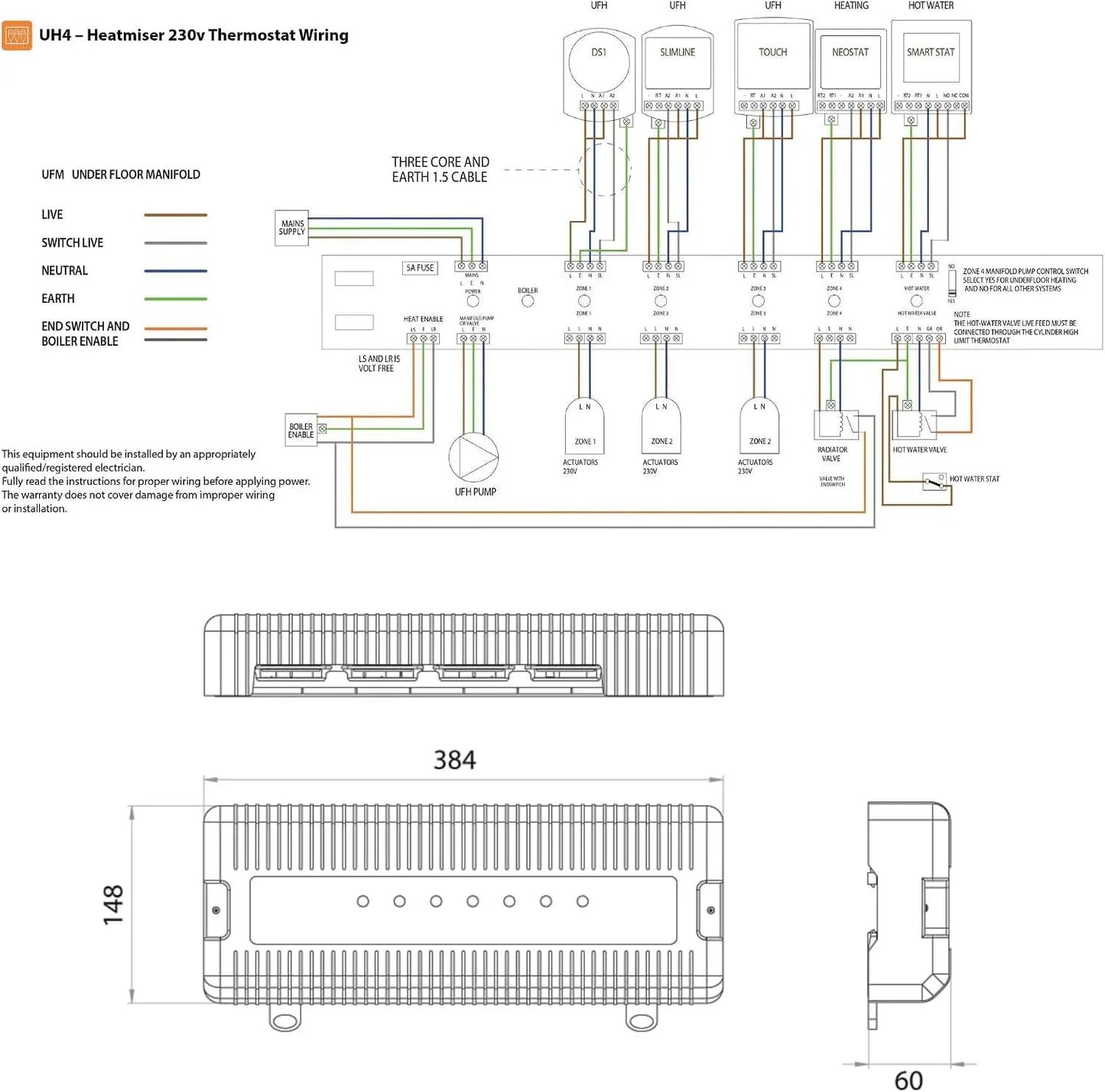 OPENBOX - Heatmiser UH4 - 4 Zone 230v UFH Wiring Centre Underfloor Heating Heatmiser