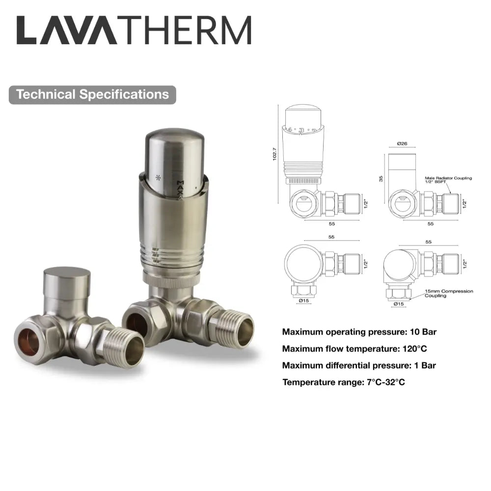 Brushed Nickel Radiator Valve – Corner TRV | LavaTherm