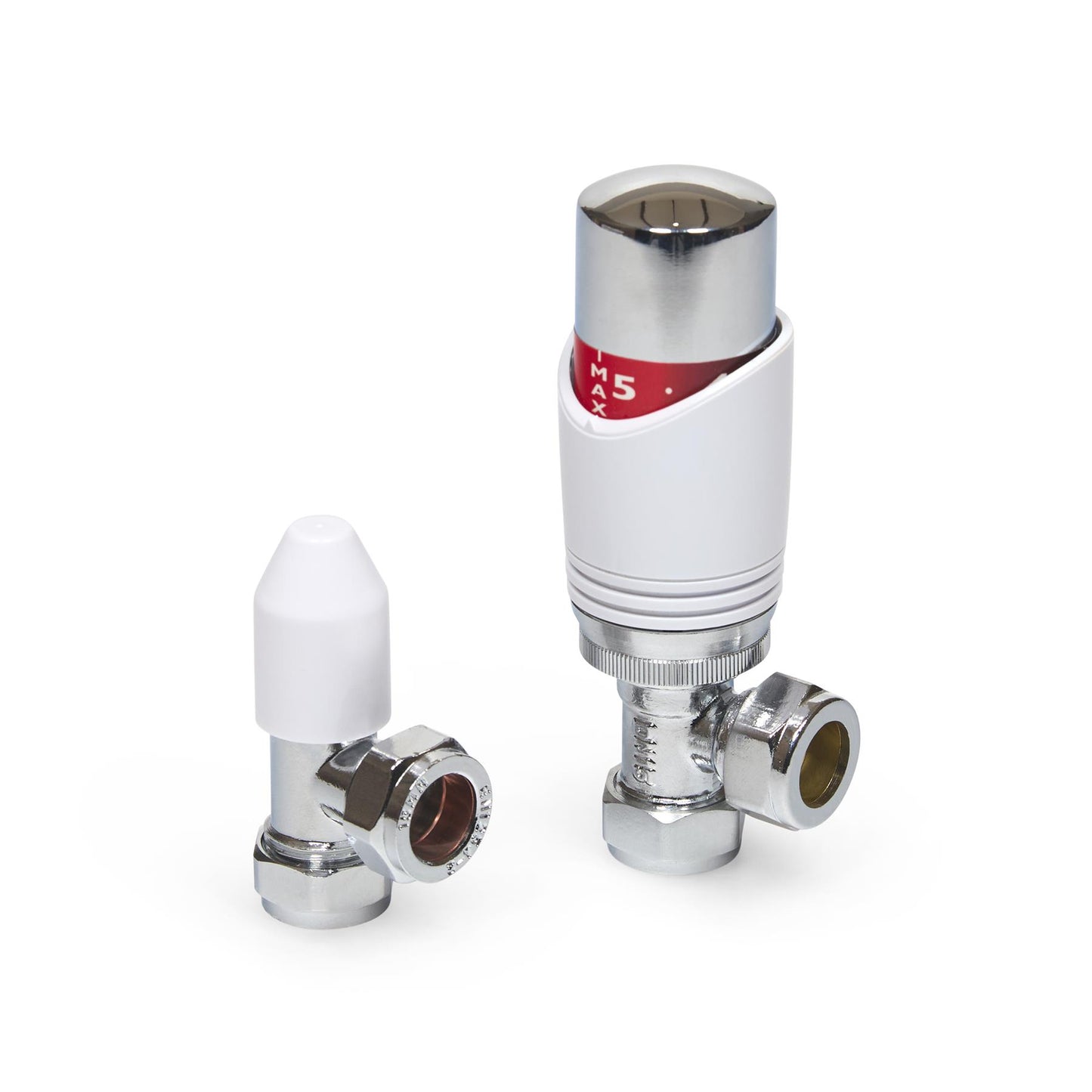 Designer White & Chrome Angled Thermostatic Radiator Valve TRV 15mm with Lockshield ESi - Close Up Detail