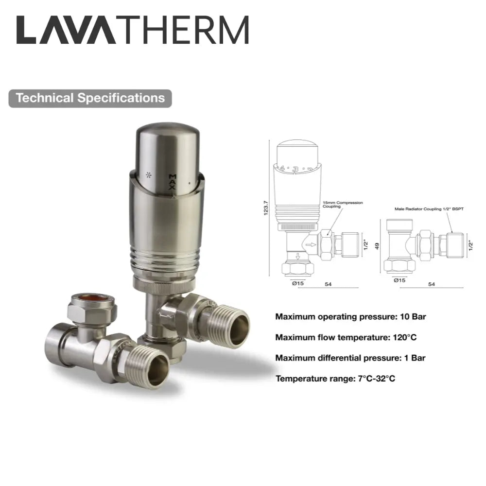 Brushed Nickel Radiator Valve – Angled TRV | LavaTherm