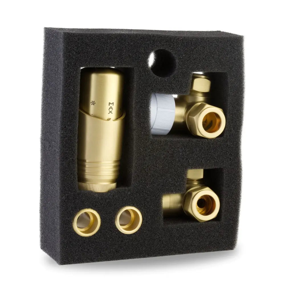 LavaTherm TRV Brushed Brass Thermostatic Radiator Valves - Corner