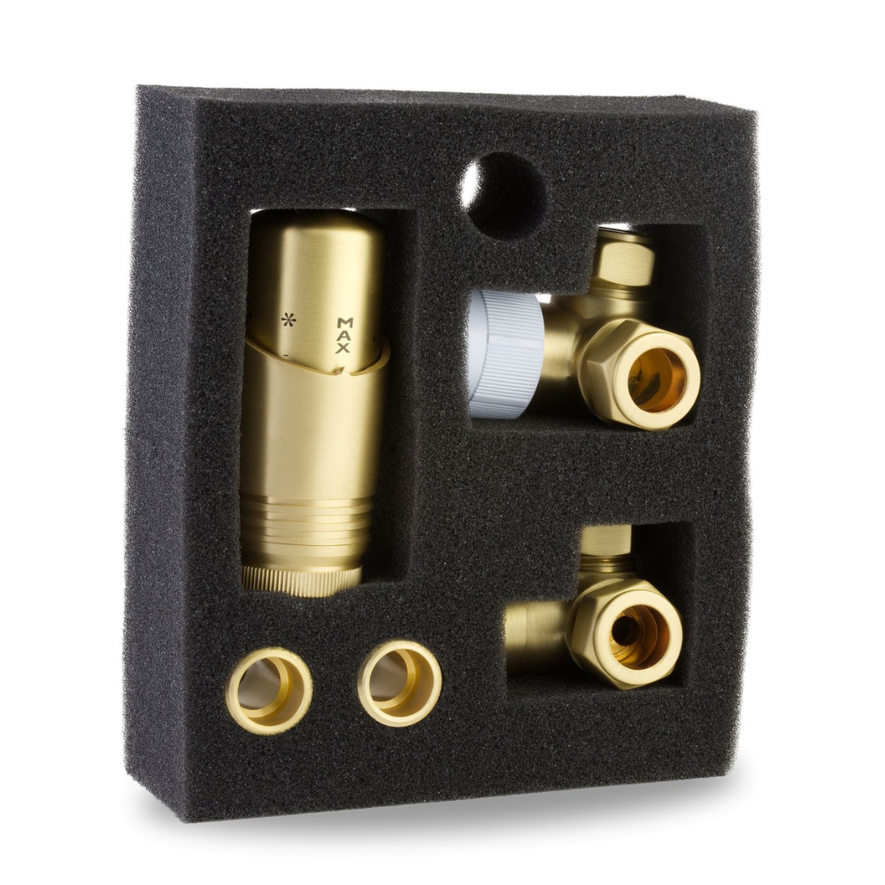 LavaTherm TRV Brushed Brass Thermostatic Radiator Valves - Corner LavaTherm - Side Profile