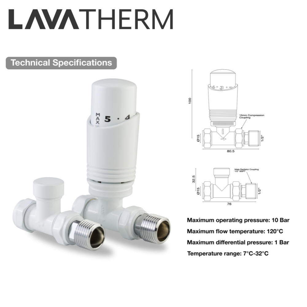LavaTherm TRV White Thermostatic Radiator Valve - Straight LavaTherm - Side Profile