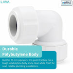 LavaPlumb 15mm push fit elbow, white, 10 pack – detail