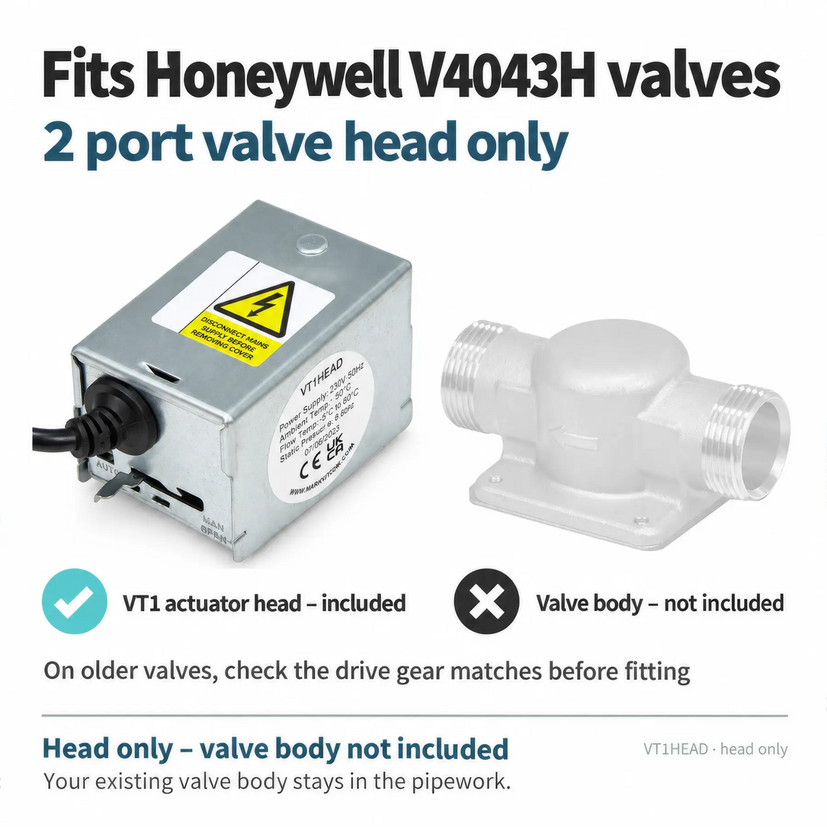 VT1 2-port valve actuator head, a direct replacement for Honeywell V4043H. Fits the existing valve body – close-up