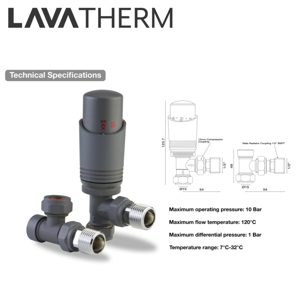 LavaTherm TRV Anthracite Thermostatic Radiator Valve - Angled LavaTherm - Side Profile
