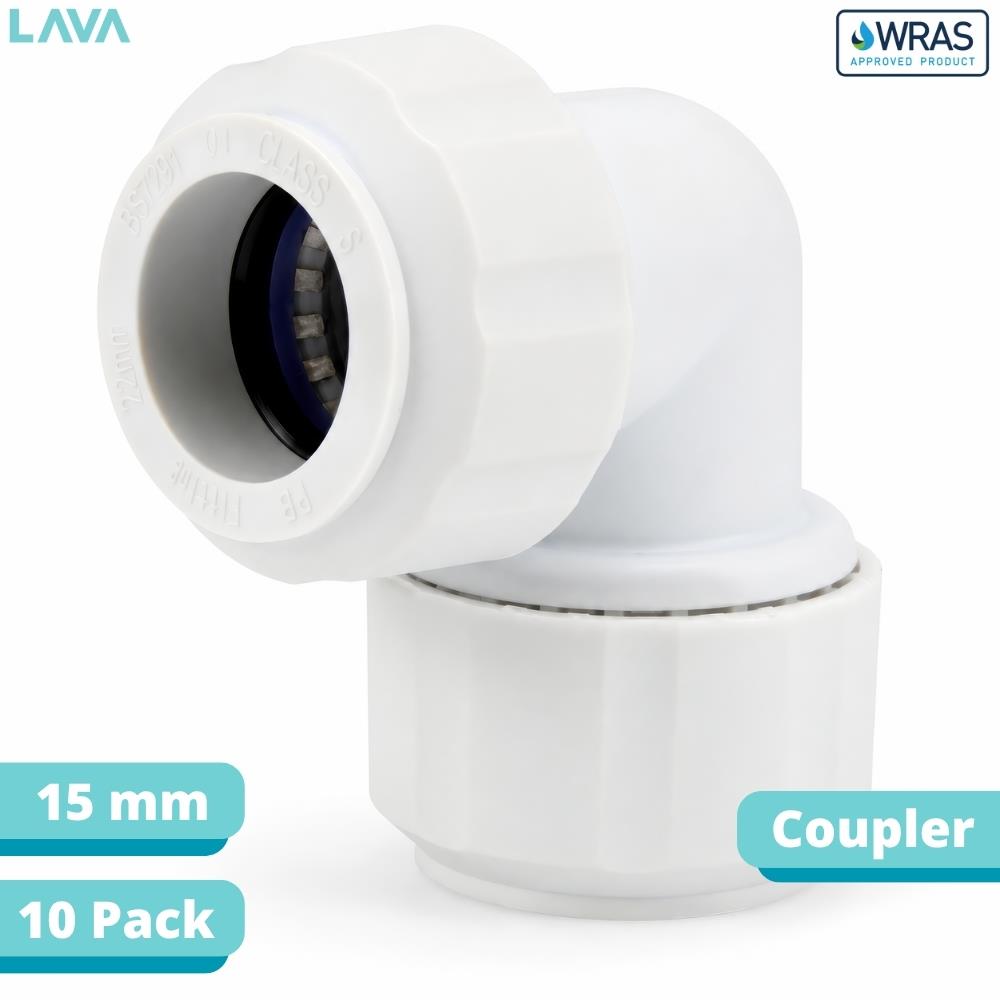 LavaPlumb 15mm push fit elbow, white, 10 pack – close-up