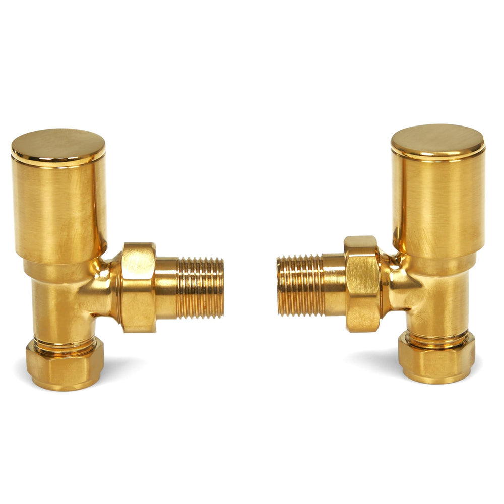 Brushed Brass Radiator Valves 15mm Pair - Angled LavaTherm