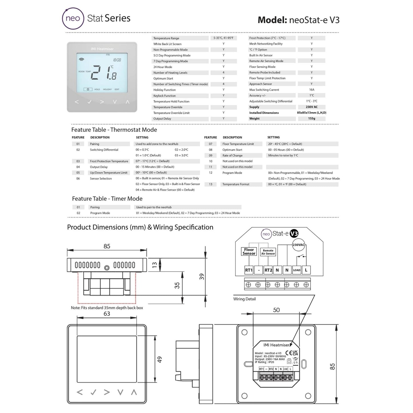 Heatmiser NeoStat-E V3 Electric Heating Thermostat - Black Heatmiser - Rear View