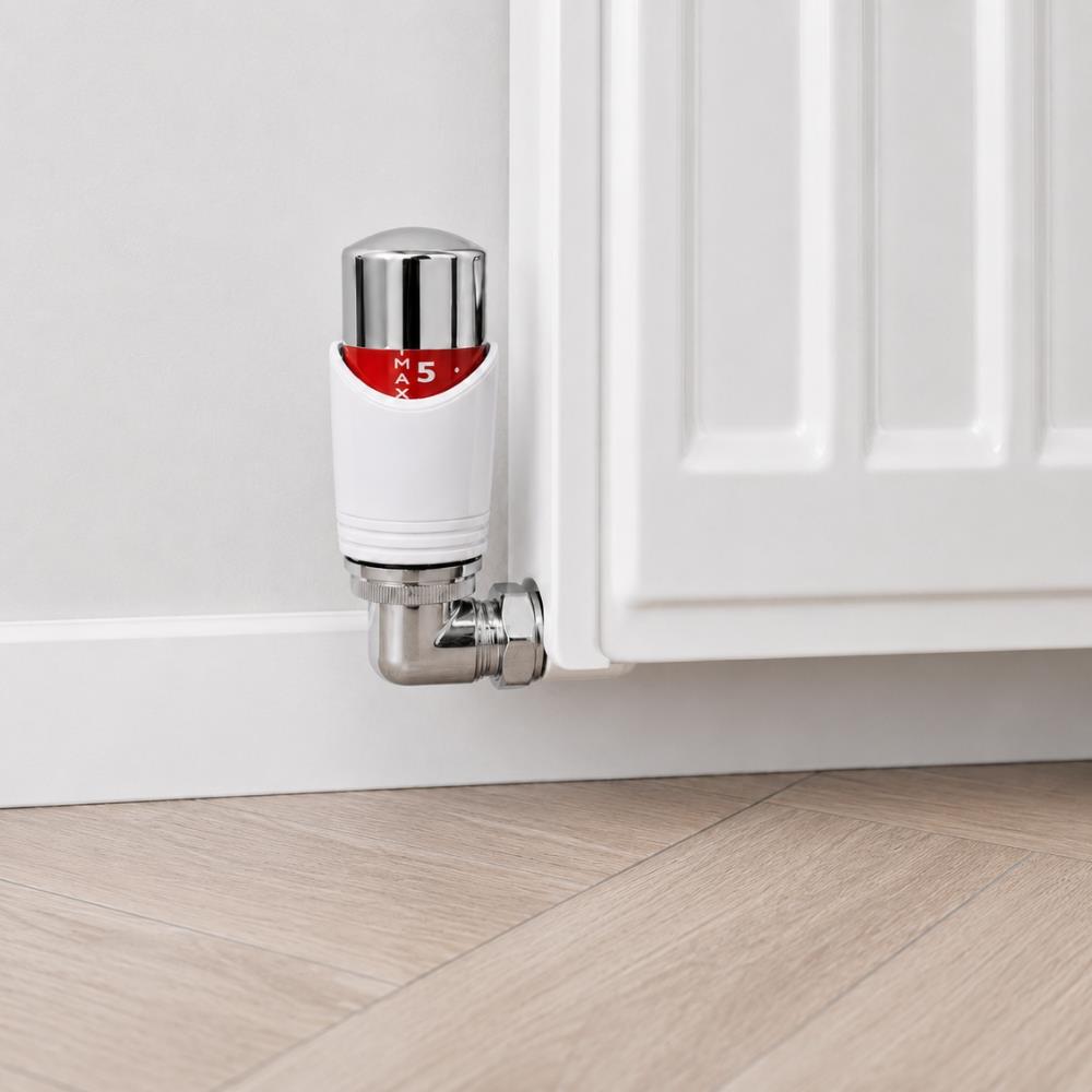 Designer white and chrome angled thermostatic radiator valve, 15mm with lockshield – view 6