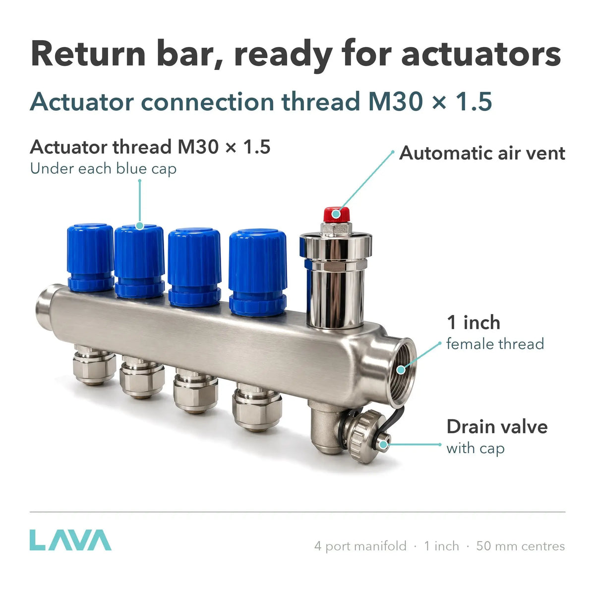 LavaTherm 4 Port Stainless Underfloor Heating Manifold 16mm LavaTherm