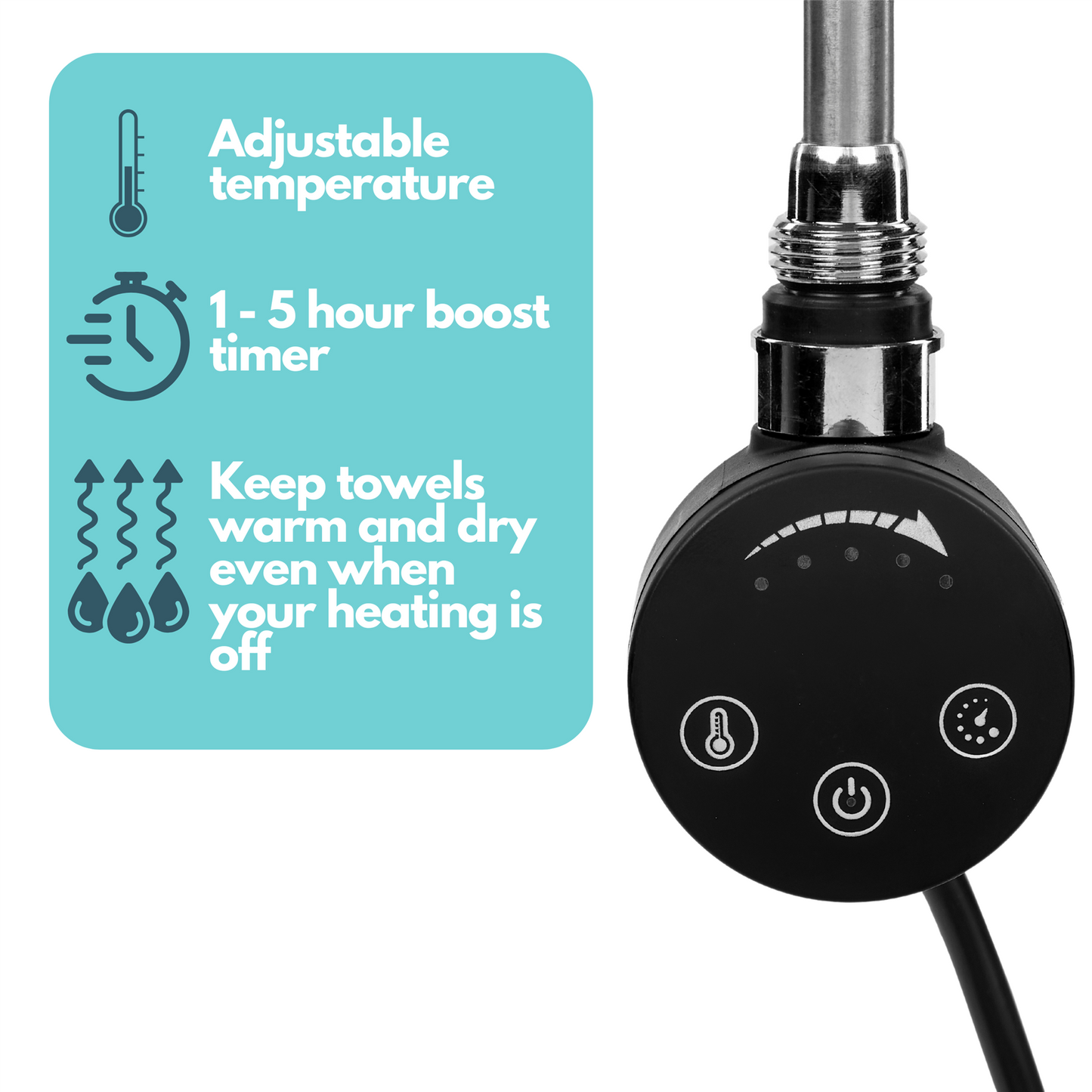 Dual Fuel Kit Thermostatic 600W Towel Rail Heating Element - Black Lava Wholesale - Close Up Detail