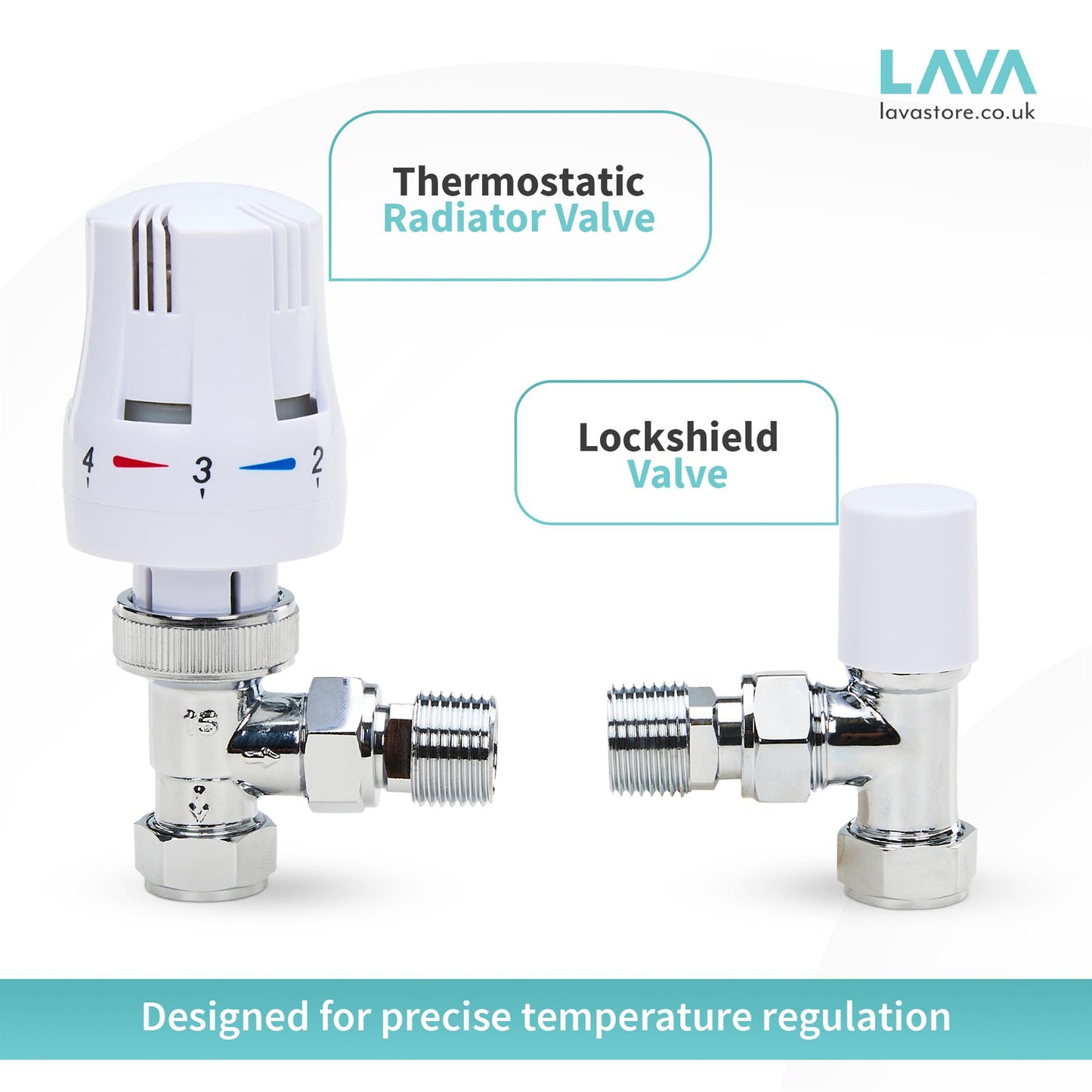 LavaTap Thermostatic Radiator Valve TRV with Lockshield 1/2 Inch x 15mm Angled White Radiator Thermostat Valve LavaTap - Packaging