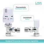 LavaTap Thermostatic Radiator Valve TRV with Lockshield 1/2 Inch x 15mm Angled White Radiator Thermostat Valve LavaTap - Packaging