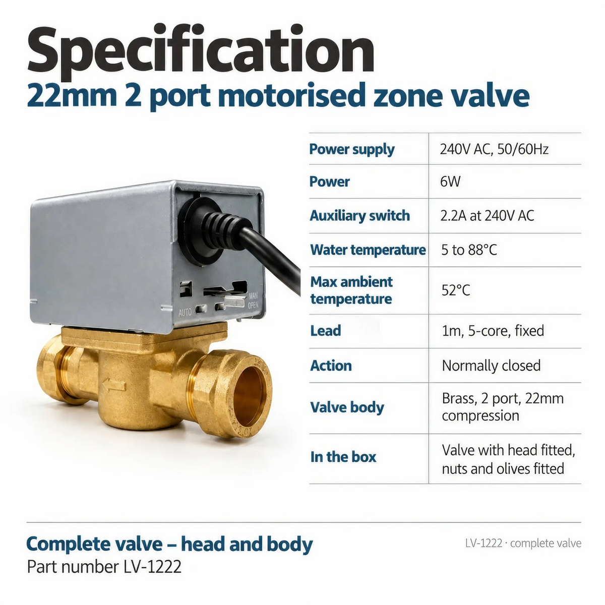 LavaTherm 2 Port Motorised Zone Valve 22mm Replaces Honeywell V4043H1056 LavaTherm
