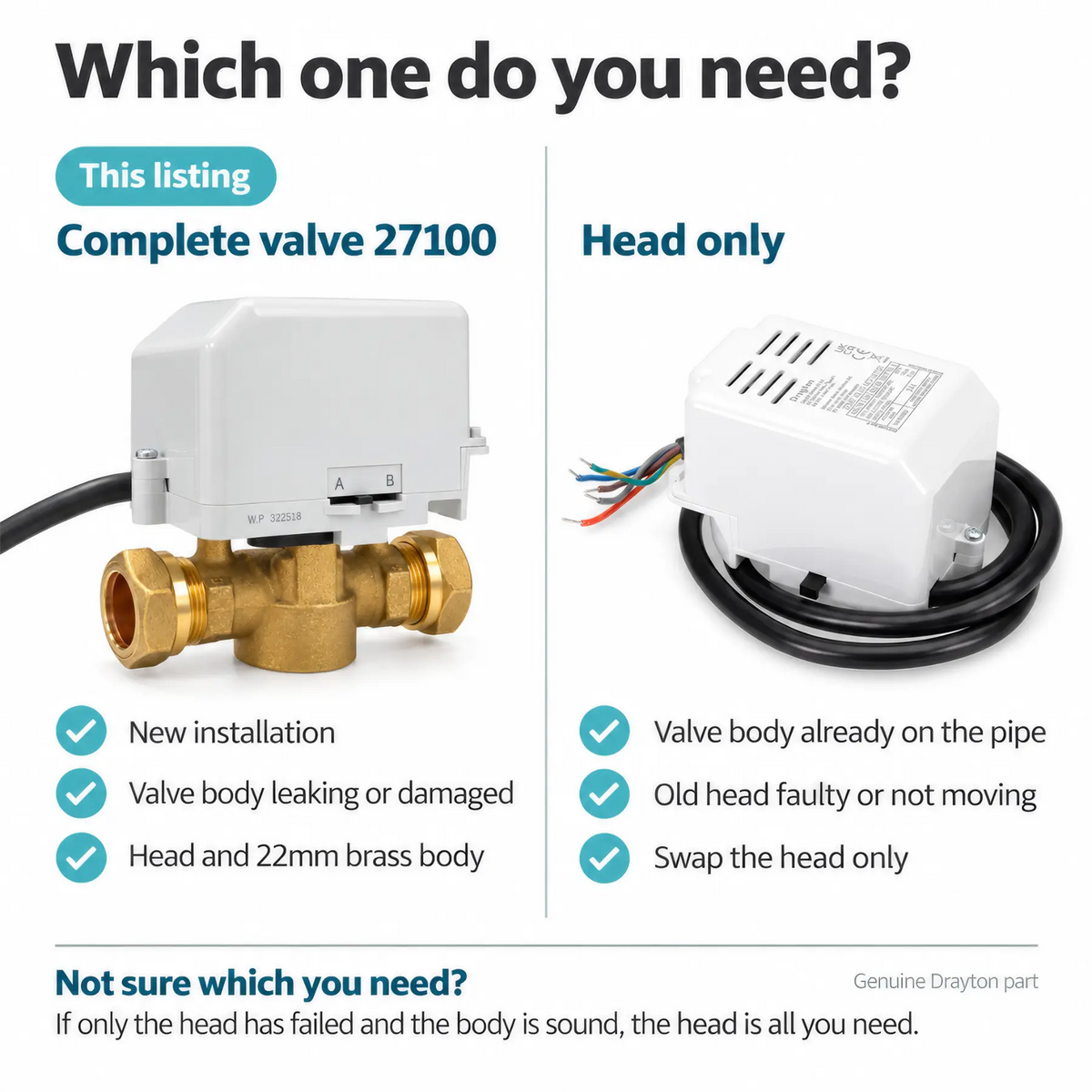 Drayton 27100 2-port motorised zone valve, 22mm, complete with valve body and actuator – close-up